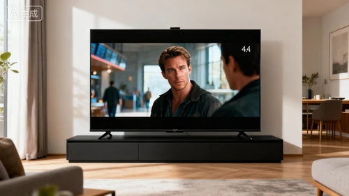 黑色超薄全面屏电视，4K超高清显示，播放电影画面，客厅场景摆放，正视拍摄