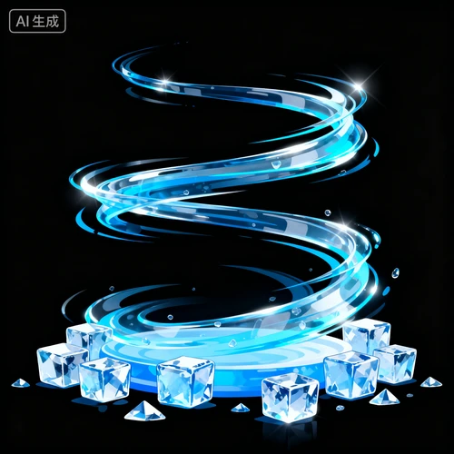 清凉场景元素，蓝色冷气流特效，冰块装饰，透明背景，夏日降温感强烈