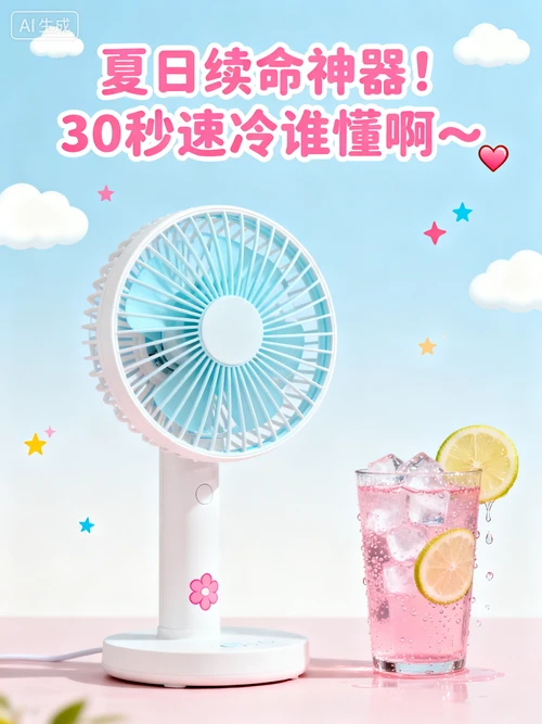 小红书风格种草文案，“夏日续命神器！30秒速冷谁懂啊～”，粉色字体，搭配爱心表情