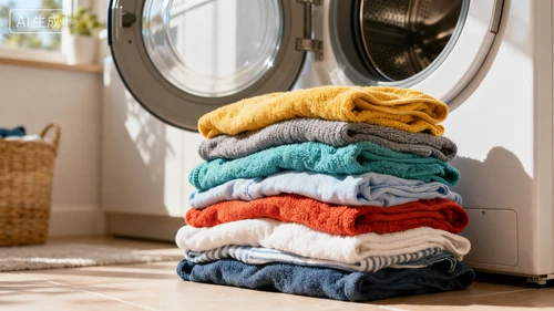 洁净衣物堆，色彩丰富，折叠整齐，放在洗衣机旁，自然光拍摄，柔软质感