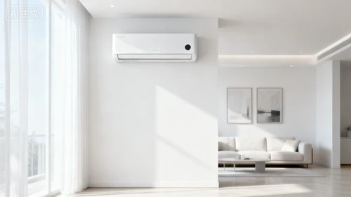 白色挂壁式空调，超薄机身，现代简约设计，客厅背景，正视角度，安装位置合理