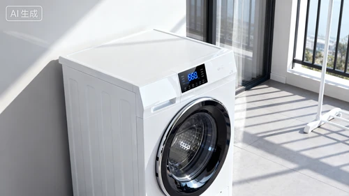 白色滚筒洗衣机，智能触控面板，前置视窗，阳台场景摆放，侧视角度，质感细腻