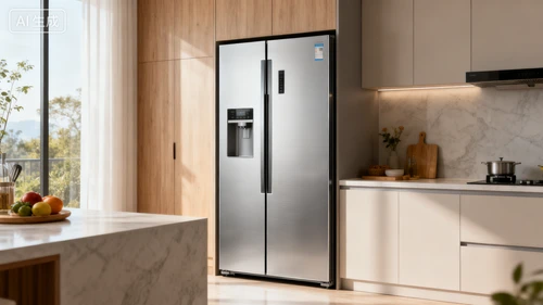 银色对开门冰箱，无边框设计，大容量，嵌入厨房场景一角，自然光拍摄，细节清晰