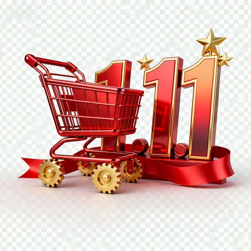 双十一活动元素，红色购物车图标，“11.11”艺术字，透明背景，节日氛围浓厚