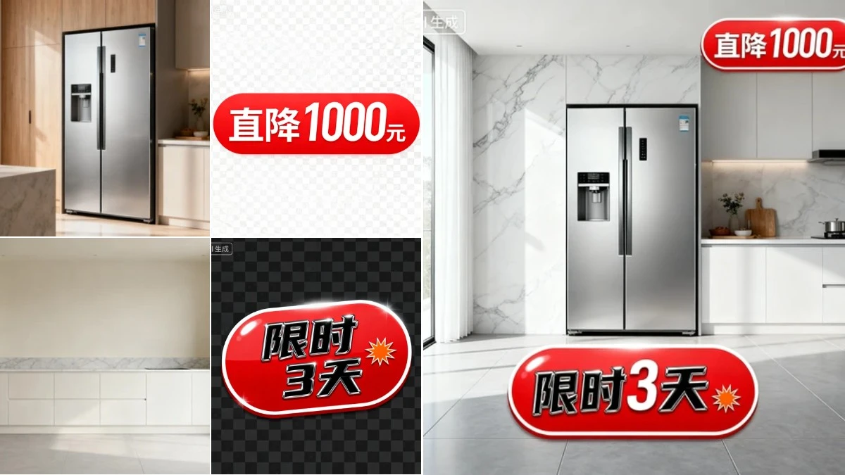 图1：冰箱促销广告AI合成效果（左侧为拆分素材，右侧为合并成品）