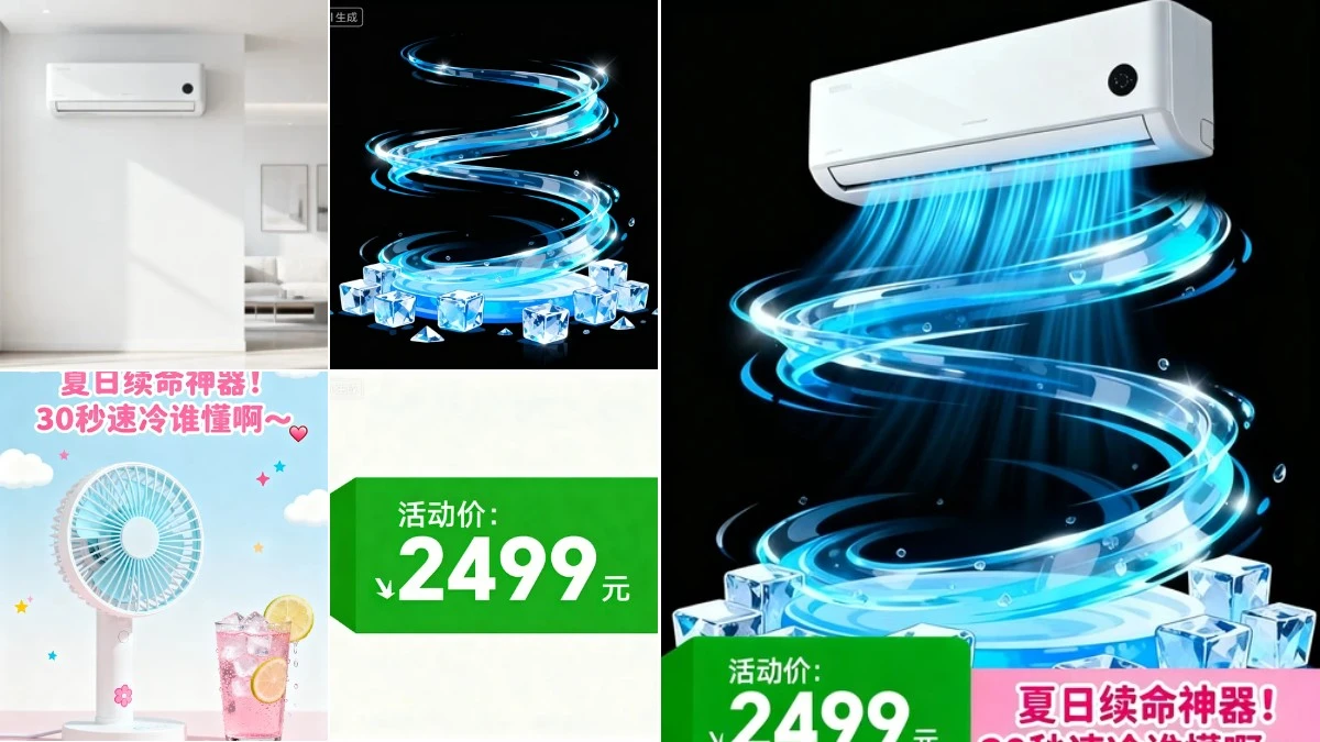 图3：空调促销广告AI合成效果（左侧为拆分素材，右侧为合并成品）