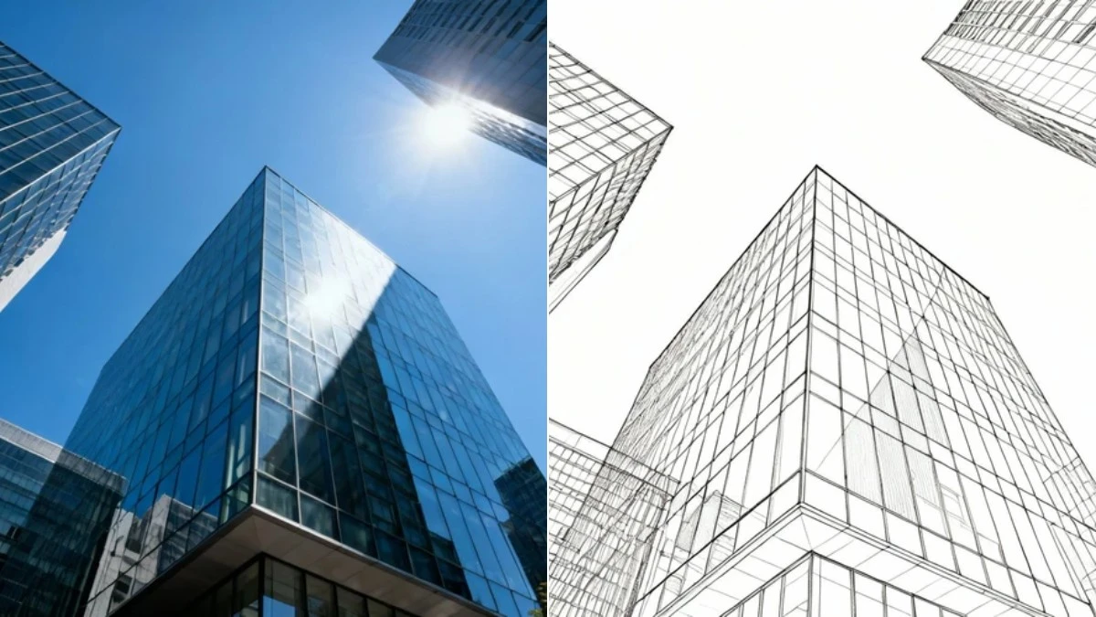 图1：现代建筑转极简线稿效果（左侧为原图，右侧为AI生成线稿）