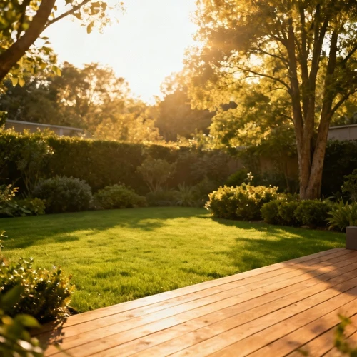 户外庭院花园，绿色草坪，木质甲板，周围有灌木和乔木，阳光明媚