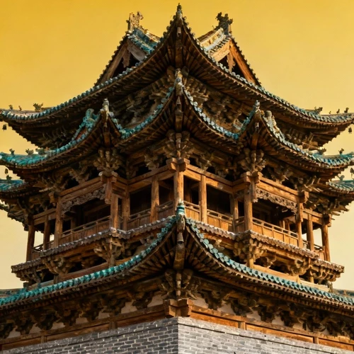 中国传统古建筑，飞檐翘角，木结构细节丰富，砖瓦纹理清晰，正立面视角