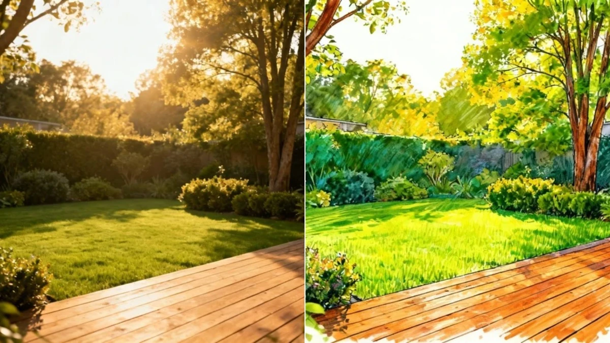 图3：景观园林转马克笔手绘效果（左侧为原图，右侧为艺术化成品）