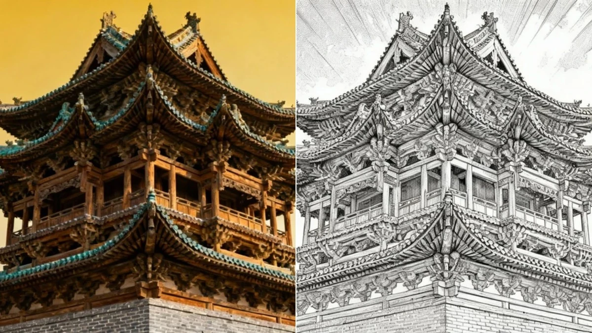 图4：古建筑转针管笔线稿效果（左侧为实拍图，右侧为精细线稿）