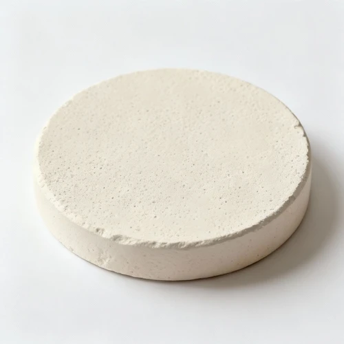 米白色圆形石膏展台，表面微颗粒质感，纯白背景，俯视拍摄，边缘柔和