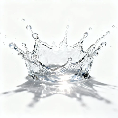 飞溅的水花，晶莹剔透，动态凝固，清澈透明，纯白背景，高速摄影风格