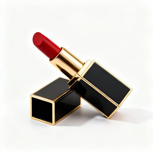 黑色磁吸口红管，金色边框，膏体旋出，正红色哑光质地，纯白背景，倾斜45度拍摄