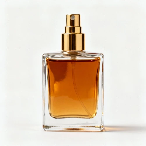 复古方形香水瓶，金色喷头，琥珀色液体，透明玻璃材质，纯白背景，正视拍摄