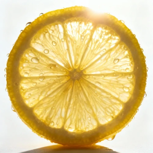 切片柠檬，新鲜多汁，黄色，逆光透亮，纯白背景，正视拍摄