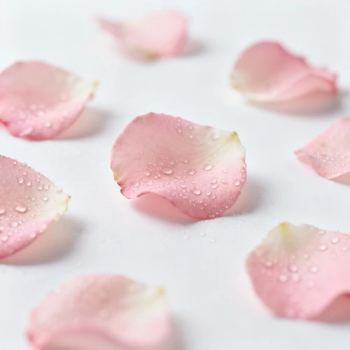 淡粉色玫瑰花瓣，带露珠，散落分布，柔焦效果，纯白背景，微距拍摄