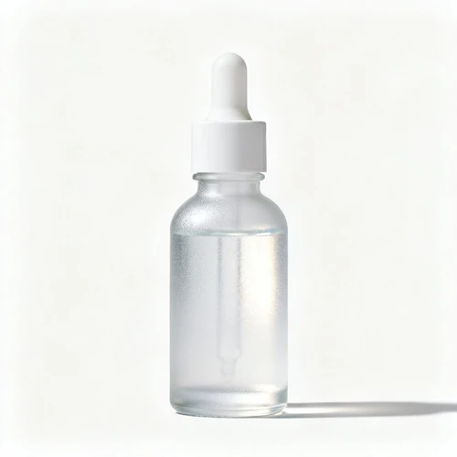 半透明磨砂玻璃精华瓶，白色滴管，无标签设计，纯白背景，正视拍摄，通透感强
