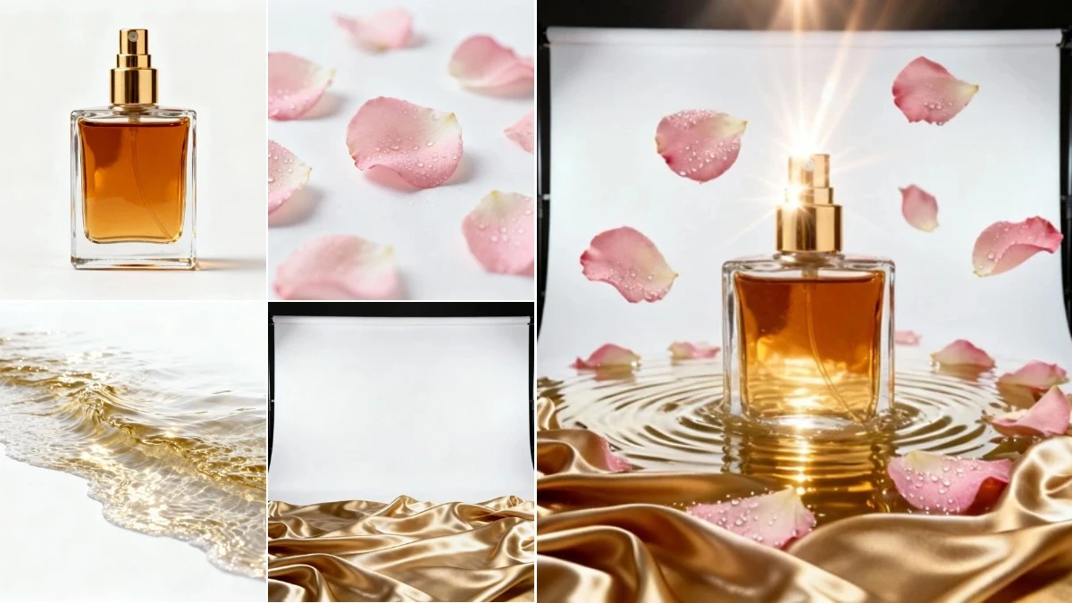 图3：香氛氛围AI合成效果（左侧为拆分素材，右侧为合并成品）