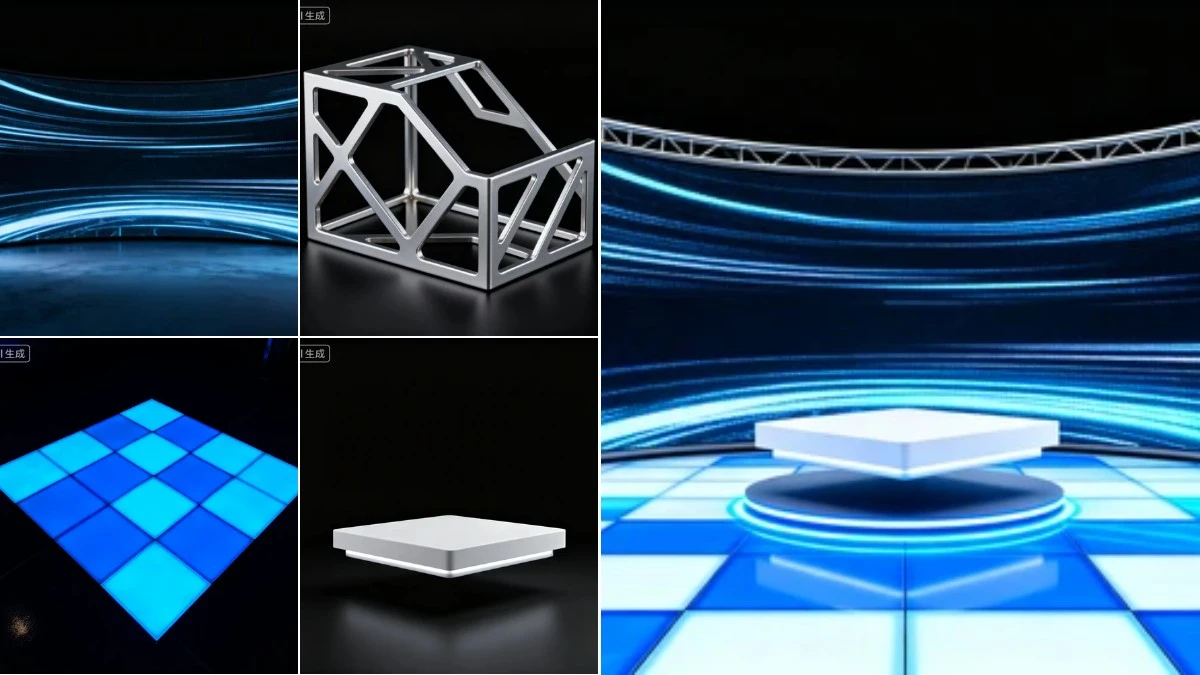 图1：科技感汽车展台AI合成效果（左侧为拆分素材，右侧为合并成品）