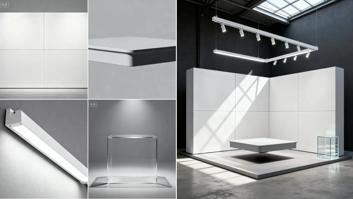 图3：极简风汽车展台AI合成效果（左侧为拆分素材，右侧为合并成品）