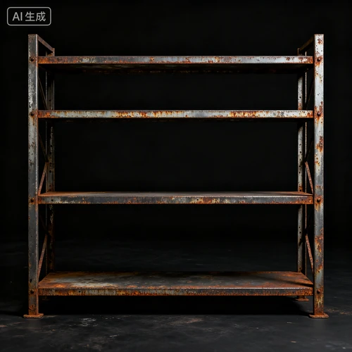 做旧金属展架，铁锈质感，多层结构，黑色背景，正视拍摄，与风格统一