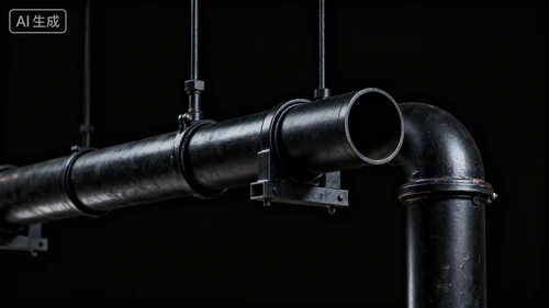 黑色金属管道，圆形管材，裸露安装，黑色背景，侧视拍摄，结构稳固