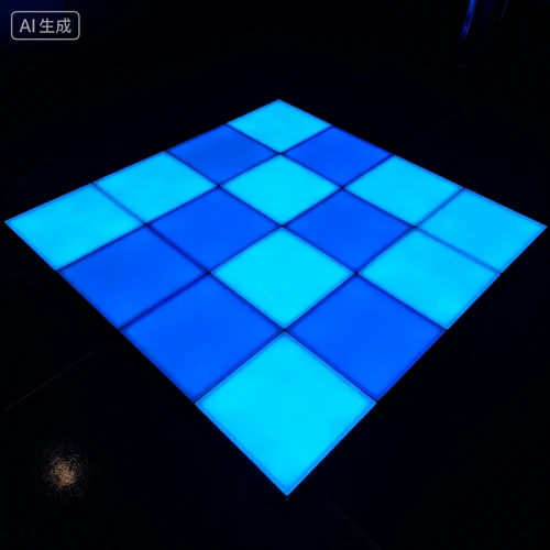 互动光影地板，感应发光效果，蓝色色调，黑色背景，俯视拍摄，细节清晰
