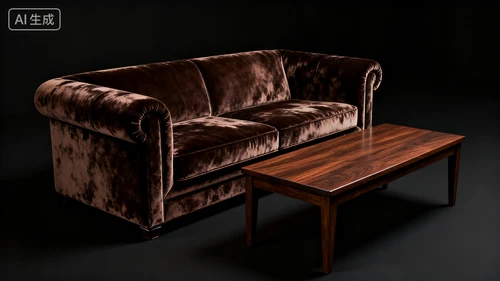 丝绒接待沙发，深棕色，配套茶几，黑色背景，侧视拍摄，与展台风格统一