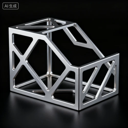 银色铝合金框架，镂空结构，几何造型，黑色背景，侧视拍摄，质感细腻