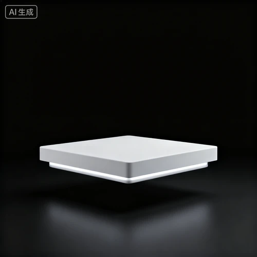 悬浮式展台平台，白色哑光，内置氛围灯，黑色背景，侧视拍摄，造型简约