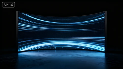 弧形LED屏幕墙，4K分辨率，显示动态科技线条，黑色背景，正视拍摄，边缘流畅