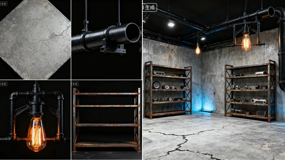 图4：工业风汽车展台AI合成效果（左侧为拆分素材，右侧为合并成品）