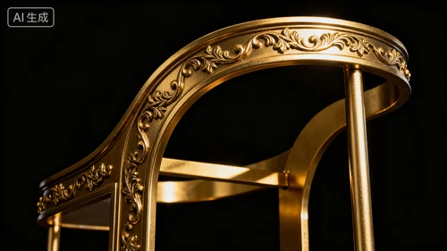 金色金属展架，雕花装饰，弧形结构，黑色背景，侧视拍摄，质感厚重