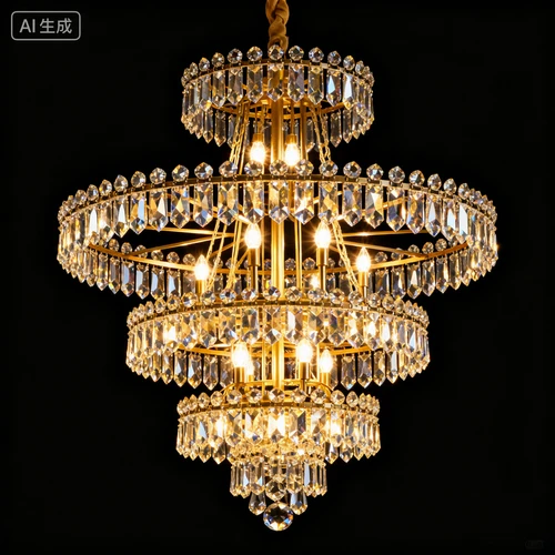 水晶吊灯组合，多层造型，暖光效果，黑色背景，正视拍摄，光泽感强