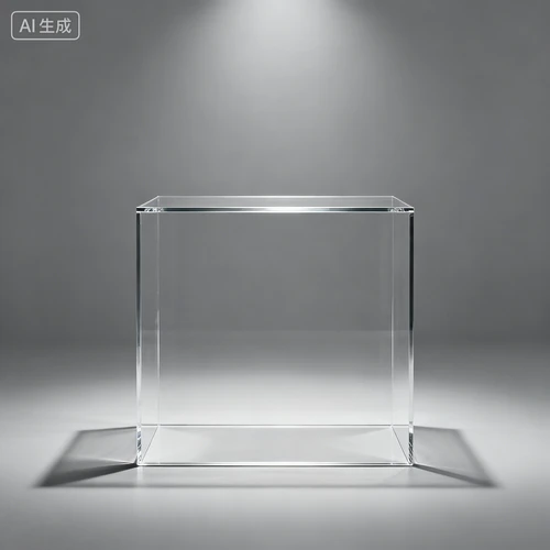 透明亚克力展具，极简造型，灰色背景，正视拍摄，线条简洁