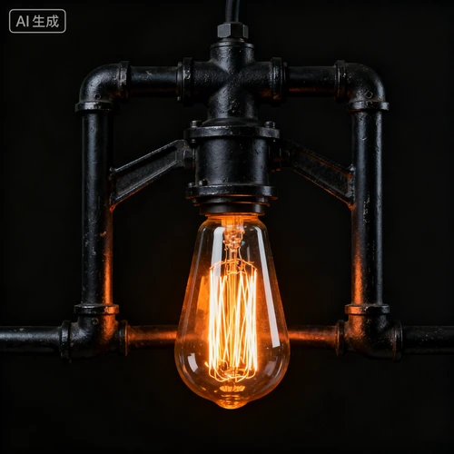 复古钨丝灯，黑色灯架，暖色光源，黑色背景，正视拍摄，工业感强