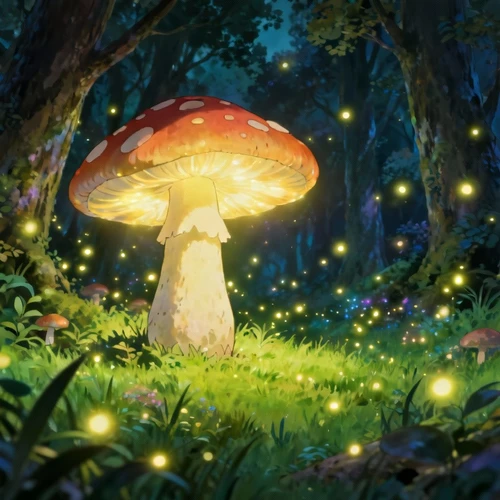 背景提示词：吉卜力风格的神秘森林，巨大的发光蘑菇，萤火虫飞舞，梦幻的草地，动漫电影质感，色彩鲜艳饱满