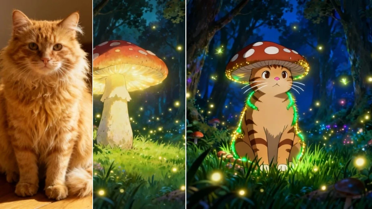 图3：宠物AI创意合成效果（左侧为居家原图，右侧为奇幻成品）