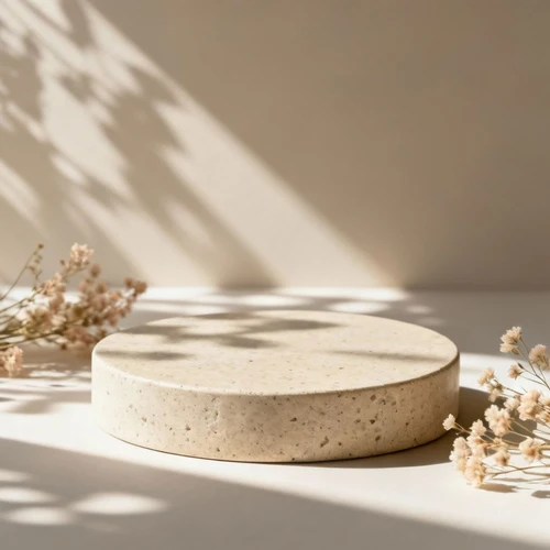 背景提示词：米色石灰岩纹理的圆形展台，周围有柔和的干花装饰，自然光从左侧射入，形成斑驳投影，极简主义风格，高画质