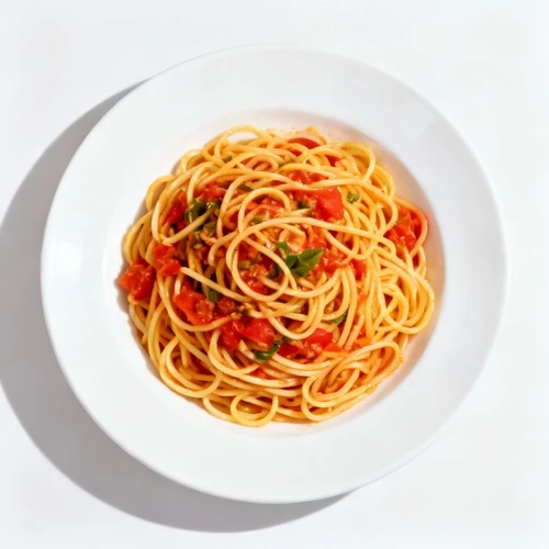 原始美食图：白色圆盘盛放的意面，俯拍视角，色彩鲜艳