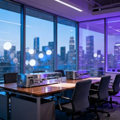 背景提示词：现代化的开放式办公室背景，透过玻璃窗可以看到城市天际线，大光圈虚化效果（Bokeh），冷色调，科技感，专业商务氛围