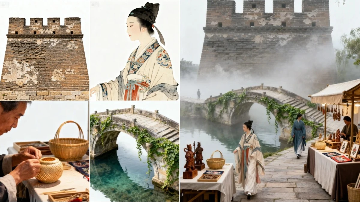 图3：历史文化名城AI合成效果（左侧为拆分素材，右侧为合并成品）