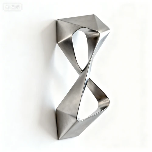 几何金属艺术装置，银色哑光，不规则造型，白色背景，侧视拍摄，线条流畅