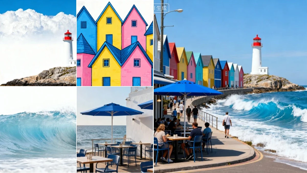 图4：海滨文创小镇AI合成效果（左侧为拆分素材，右侧为合并成品）