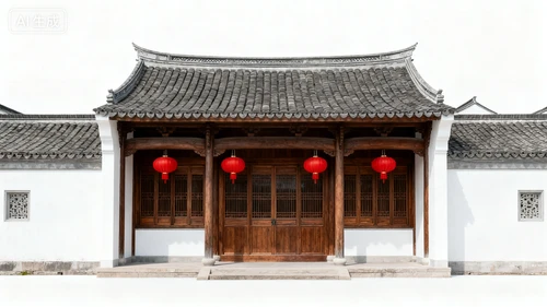 明清风格古建筑，灰瓦白墙，木质门窗，红灯笼装饰，白色背景，正视拍摄，细节精致