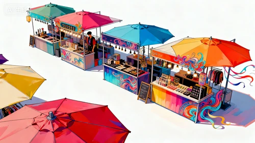 潮流市集摊位，个性装饰，彩色遮阳伞，白色背景，俯视拍摄，充满活力