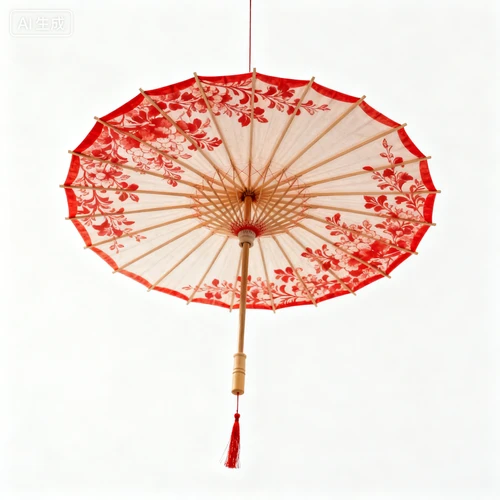 传统油纸伞，红色花纹，悬挂状态，白色背景，侧视拍摄，古风浓郁