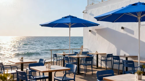 海滨咖啡馆，露天座位，蓝色遮阳伞，白色背景，侧视拍摄，休闲氛围