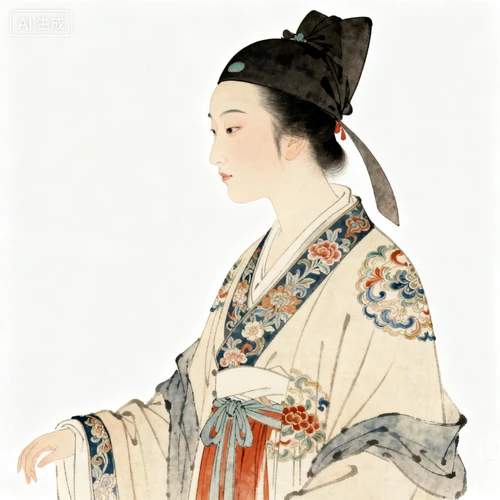 传统汉服，刺绣纹样，色彩典雅，人物穿着状态，白色背景，侧视拍摄，还原度高